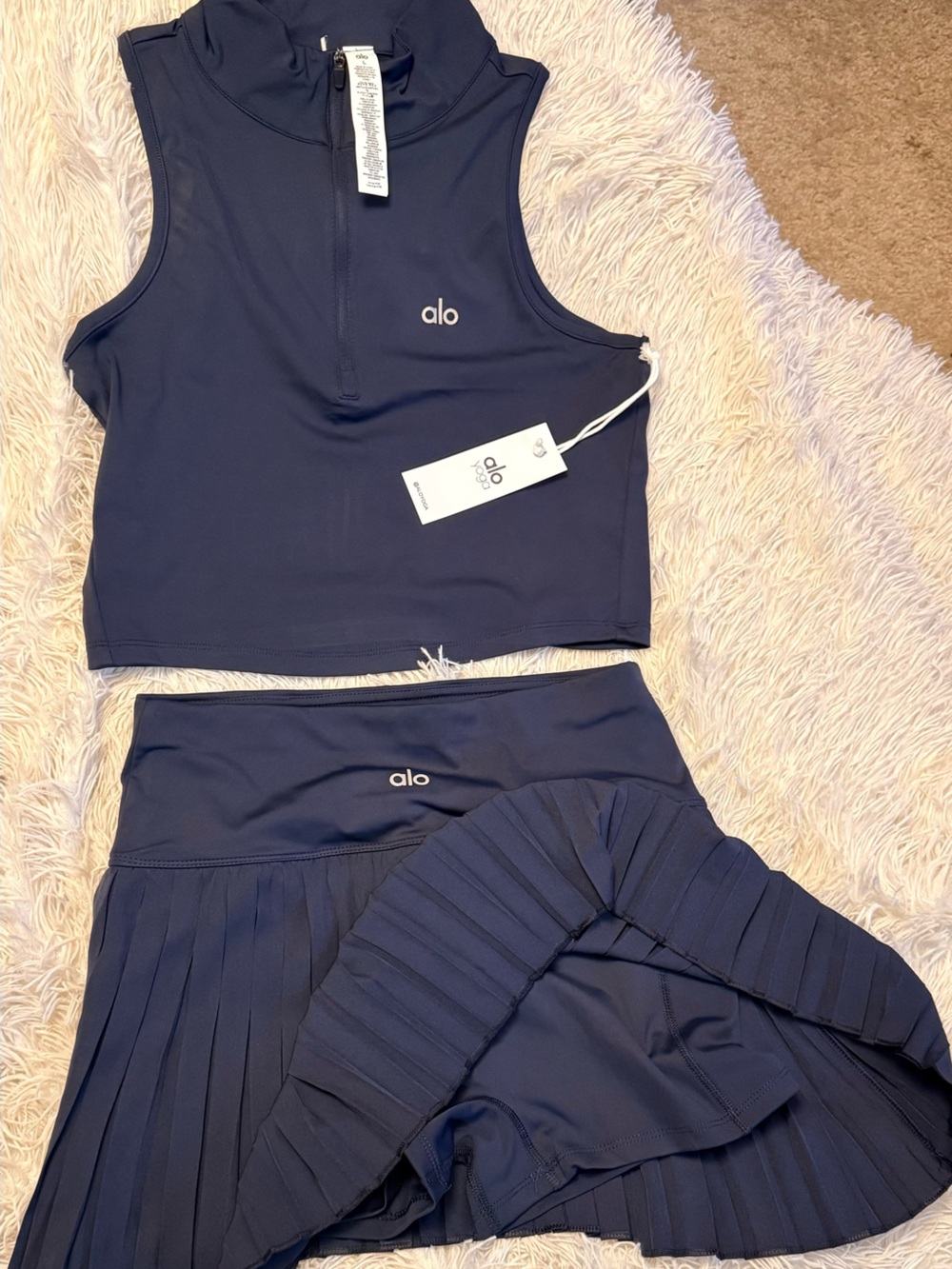 ALO Yoga Navy Sleeveless Zip Crop Top & Pleated Skirt Set